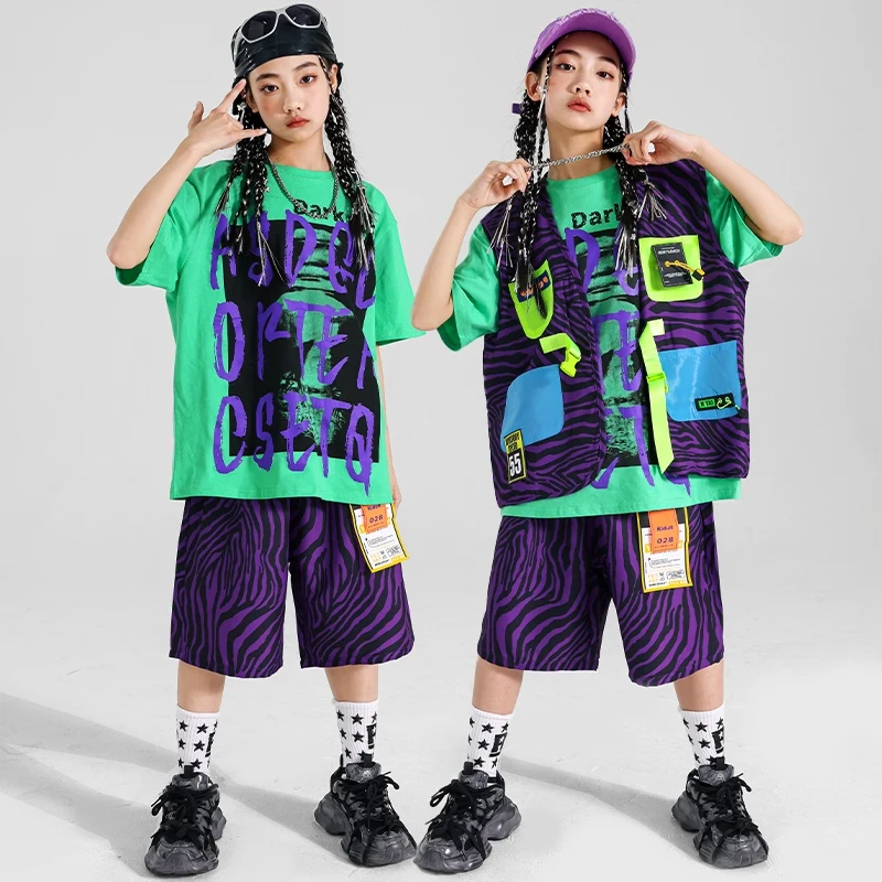 

Children Street Dance Outfit Green Top Oversize Shorts Purple Jazz Performance Stage Wear Girl Kpop Hip Hop Fashion Clothes 1786