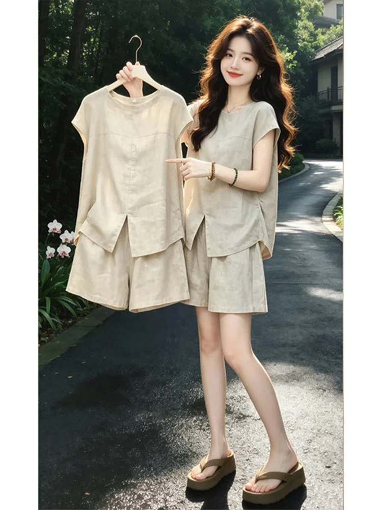 Korean Laid-back Style Women's Set Summer New round Neck Slit Sleeveless High Waist Wide Leg Pants Two-piece Set Casual Fashion