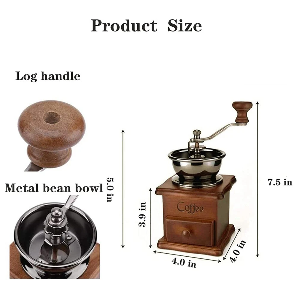 Manual Coffee Grinder Vintage Antique Style Wooden Coffee Grinder Classic Hand-Cranked Coffee Grinder