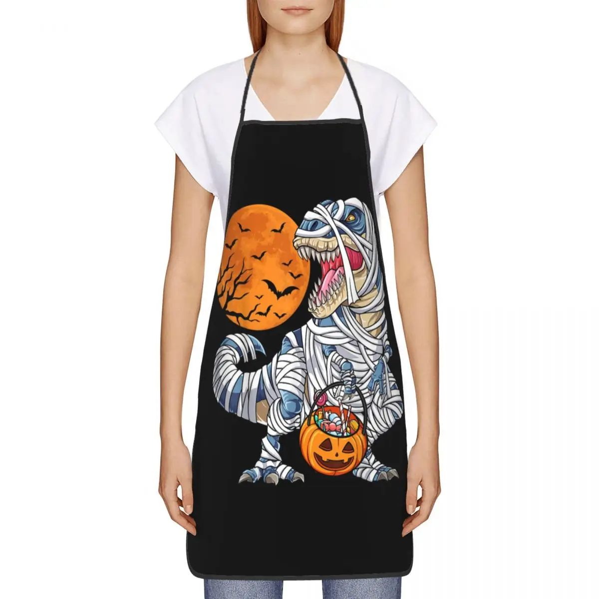 Custom Halloween Dinosaur T Rex Mummy Pumpkin Funny Apron Adult Unisex Kitchen Chef Bib Tablier Cuisine Cooking Baking Gardening