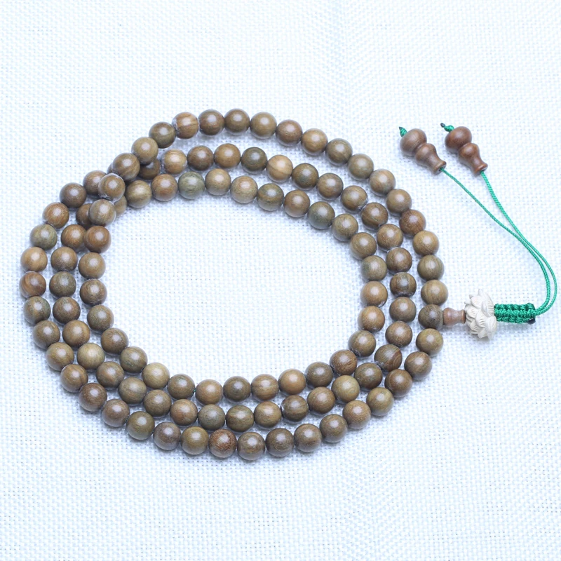 Natural Sandalwood Beaded Rosary Green Lotus 108 Necklace 8mm Bracelet Buddhist Prayer Yoga Wooden Beads