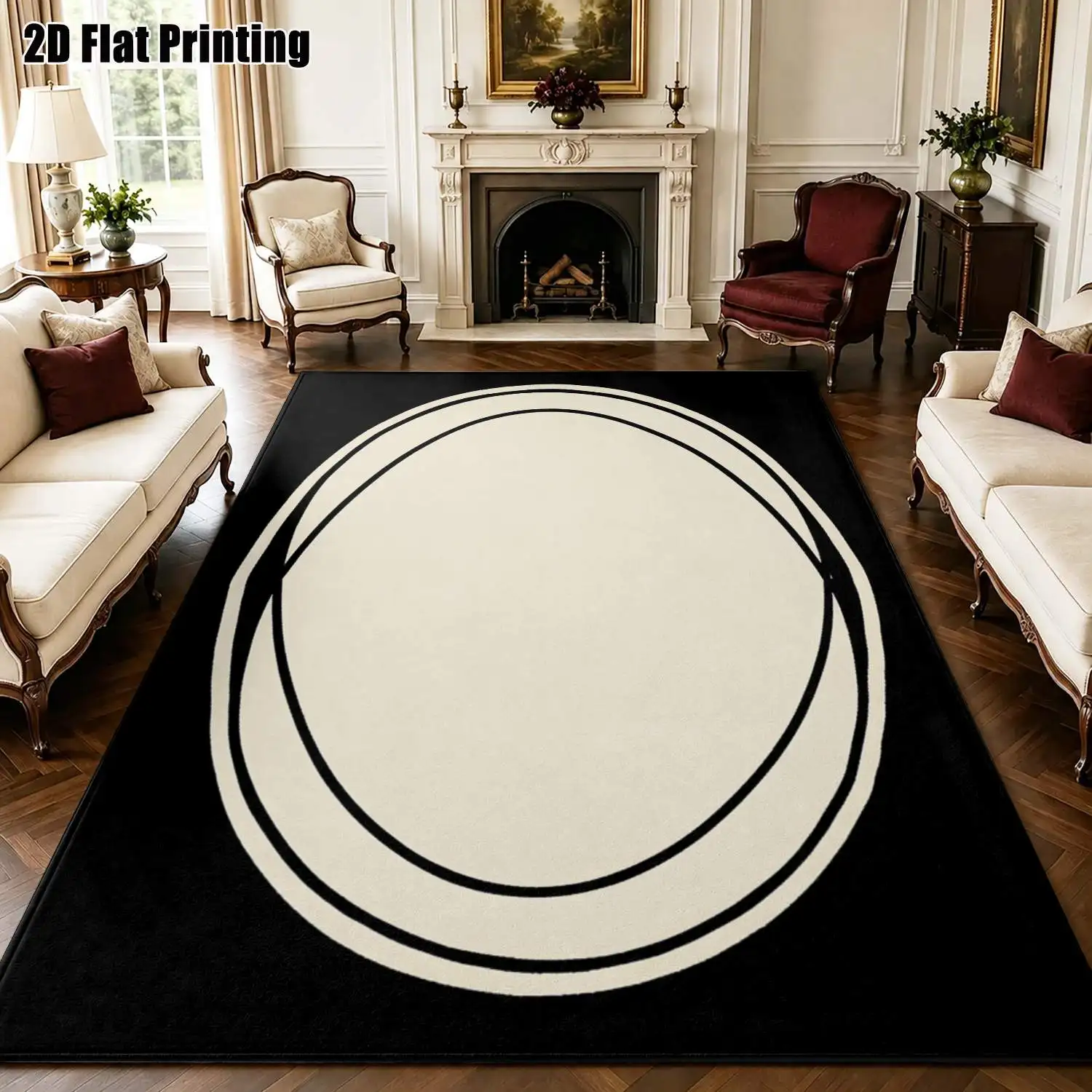 1Pc 2D Printed Black Apricot Carpet: Double-Layered Oval Line Pattern, Modern Simple, Machine Washable, Multi-Size for Home Decor & Multiple Scenes