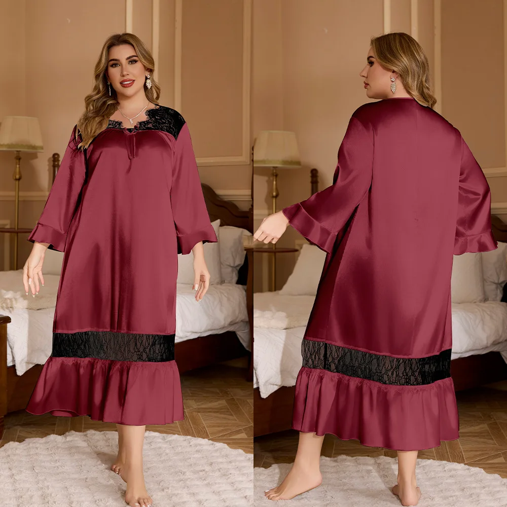

Sexy Lace Satin Patchwork Nightdress for Women Summer Autumn Home Dress V-Neck Nightgown Long Sleeve Sleepwear Nightwear