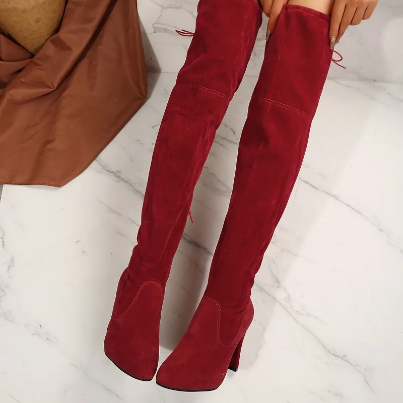 Fashion Slim Over The Knee Boots Women Autumn Winter Short Plush Long Boots Woman Black Flock Low Heel Thigh High Botas Big Size