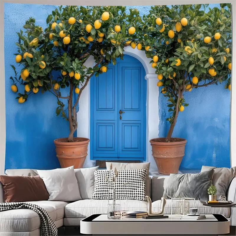 Mediterranean Lemon Tree Tapestry Wall Hanging Art Blue Door Citrus Garland Summer Cottagecore Farmhouse Mural Home Decor Decora
