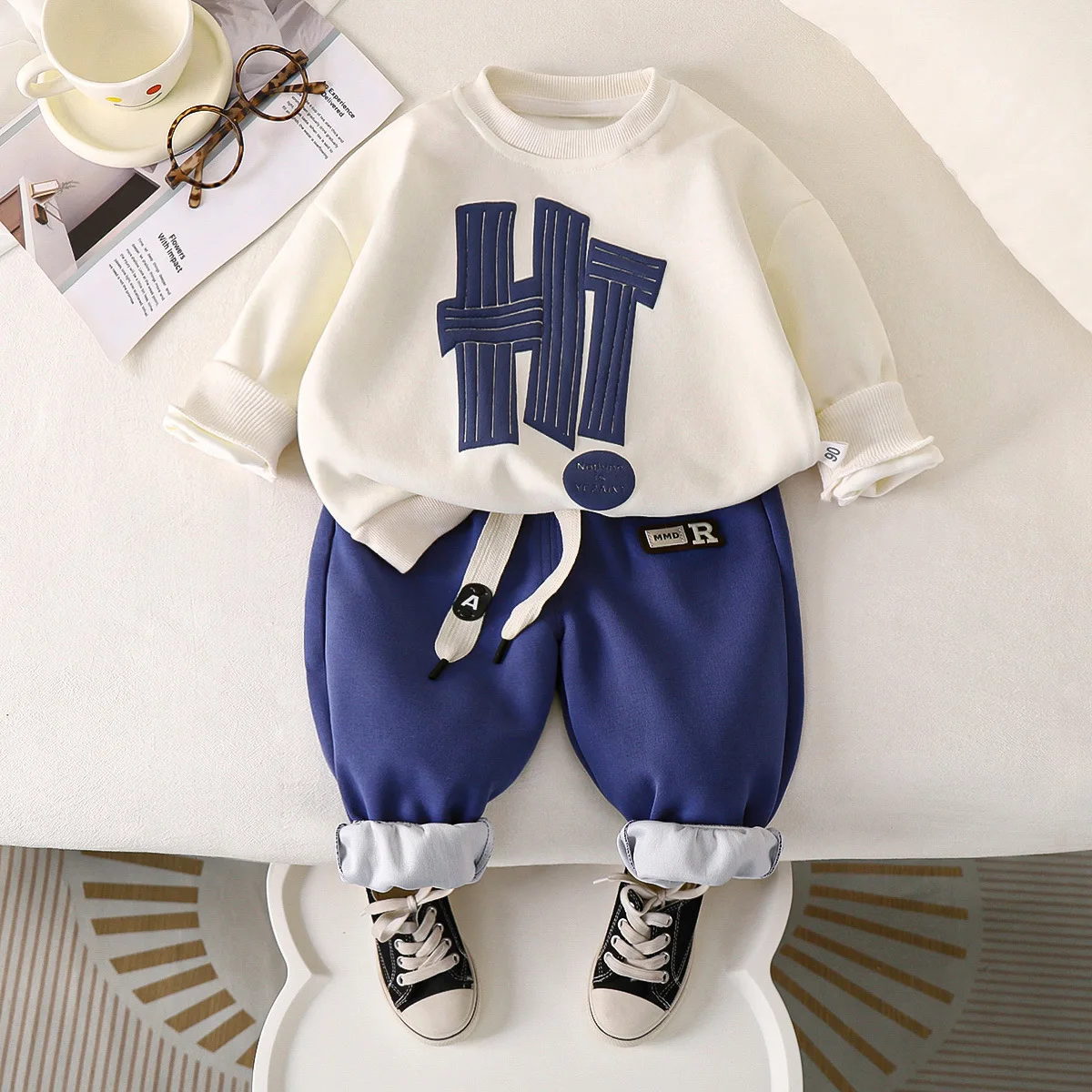 2024 Autumn Toddler Boys Two-piece Clothes Set Cotton Letter Patched Sweatshirt Tracksuits Sticker Sports Pant Baby Girl Outfits