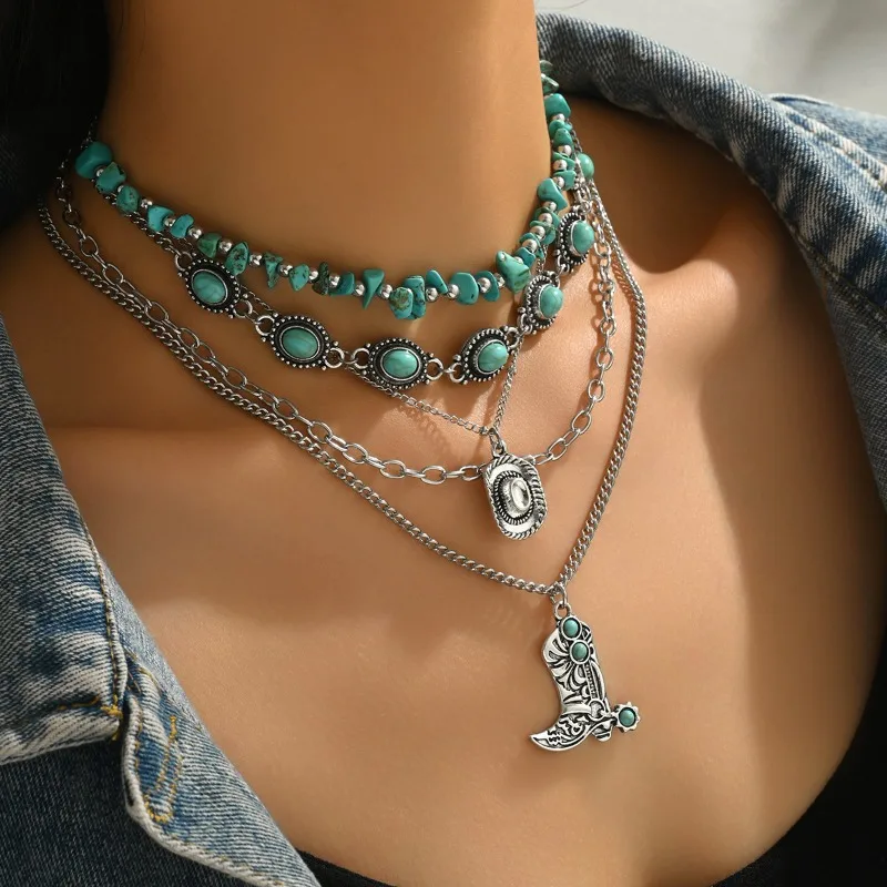 Ethnic style green necklace for women,vintage-style gravel sunflower inlaid with turquoise,multi-layer necklace with cowboy hat