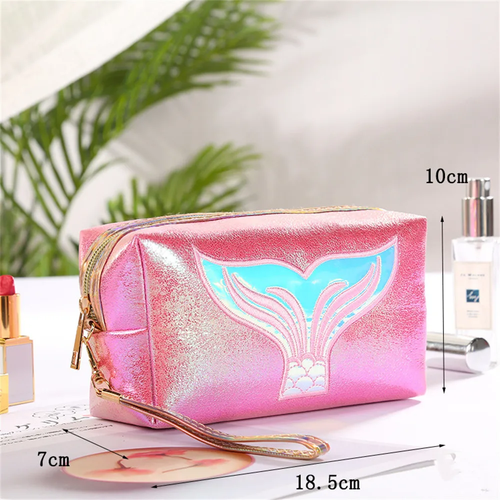 Mermaid Tail Women Laser Cosmetic Bag Toiletry Wash Storage Bag Portable PU Leather Waterproof Travel Lipstick Makeup Organizer