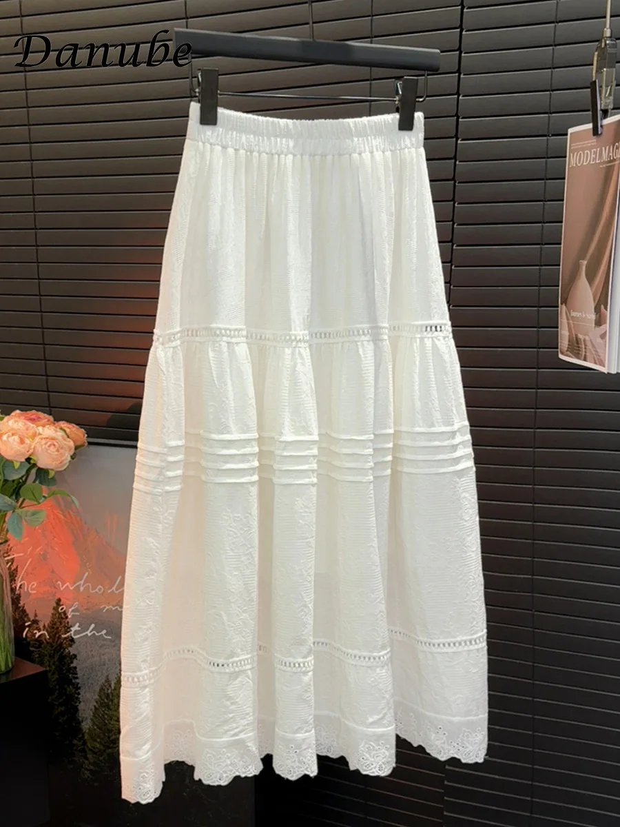 Vintage White Cotton Linen A-line Pleated Skirt Women Elegant Korean Design High Waist Loose Long Skirts Female Casual Clothes