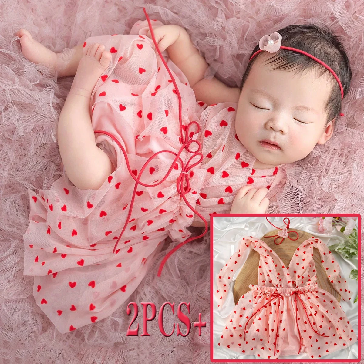 2PCS Dusty Pink Newborn Girl Photography Outfit Red Heart Mesh Romper for Photo Shoot Matching Headband Baby Girl Photo Props-HD