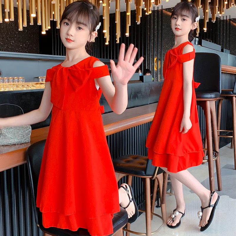 Summer one-shoulder girl's dress comfortable 2022 new holiday party princess dress new children's skirt round neck cheap short