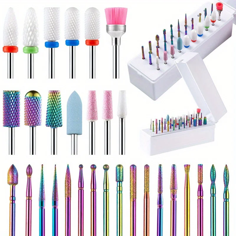 

30Pcs Nail Drill Bits Ceramic Diamond Cuticle Efile Carbide Remover for Home Salon Acrylic Gel Nail Manicure Pedicure Tools