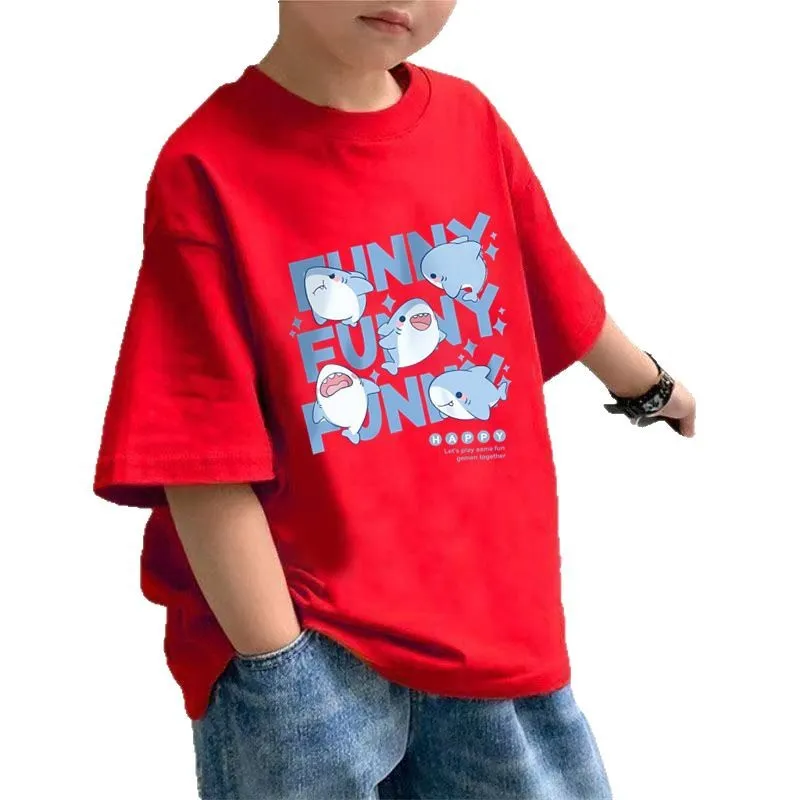 تي شيرت صيفي لطيف بأكمام قصيرة للأولاد بنمط سمك القرش، ملابس صيفية كاجوال برقبة دائرية نصف كم للأولاد