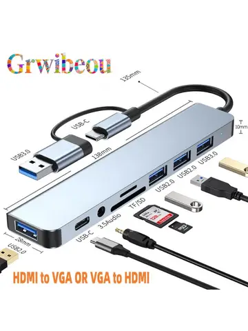 NEW 8 in 2 USB +Type C HUB Docking Station with 3.5mm Audio Jack Adapter Micro SD Card Reader Laptop Tablet Phone Disk Converter