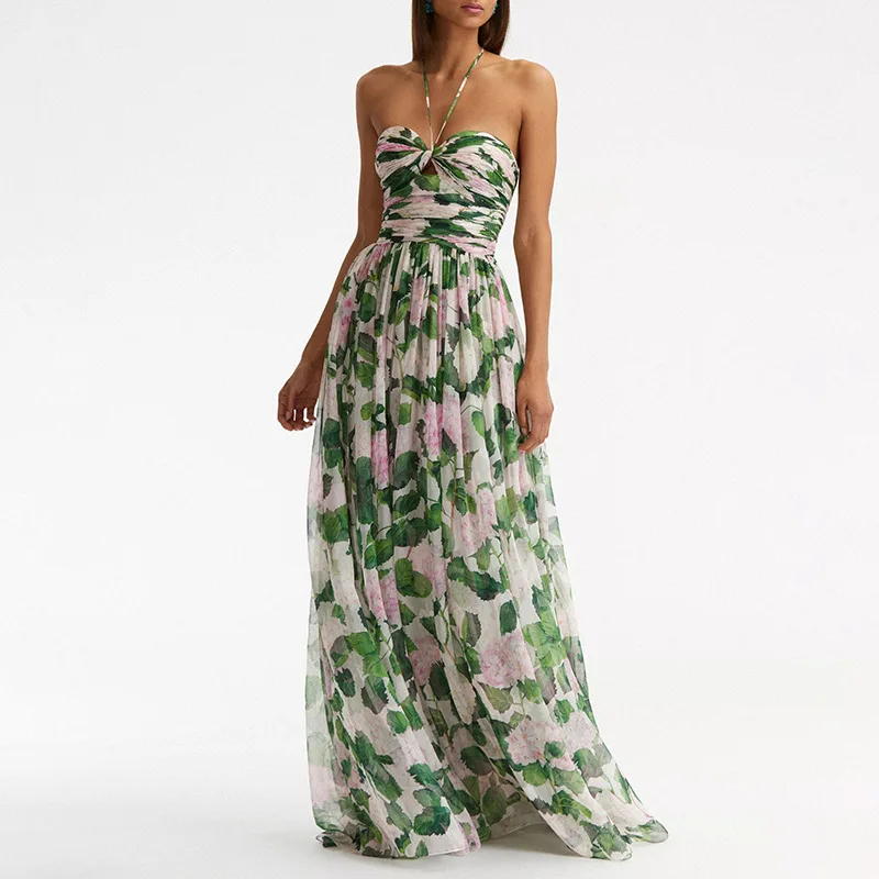 

WHYS 2024 Summer New Australian Green Print Long Dress Fashion Hanging Neck Sleeveless Sexy Long Dress dress for women