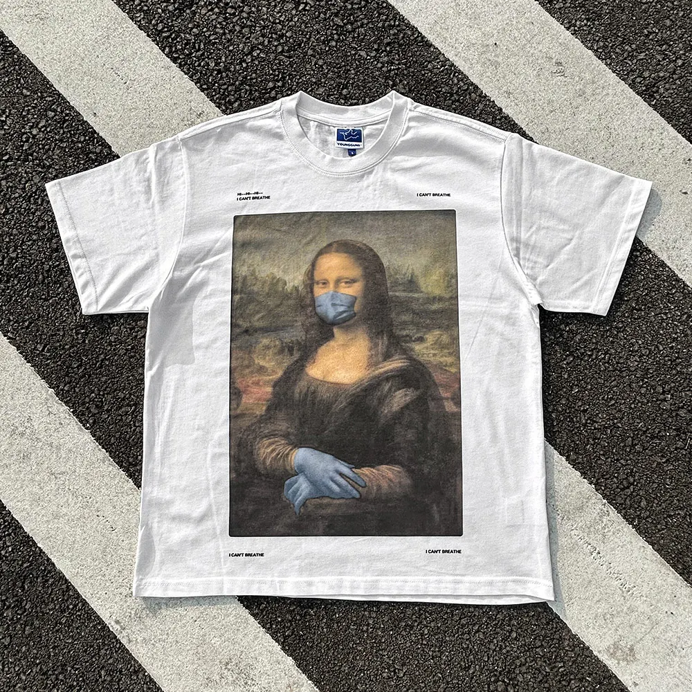Heavyweight 260G Retro Style Short Sleeve T-Shirt American Style Protecting Mona Lisa Design Loose Fit Youthful Trend Summer ...