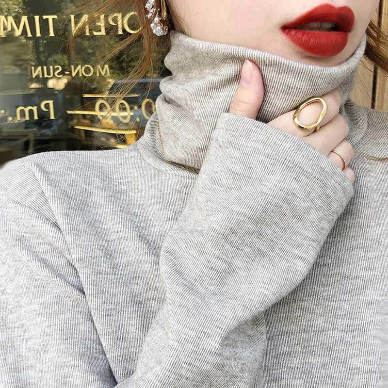 قميص داخلي نسائي كوري بياقة عالية مبطن وطويل الأكمام بقصة مستقيمة للخريف والشتاء