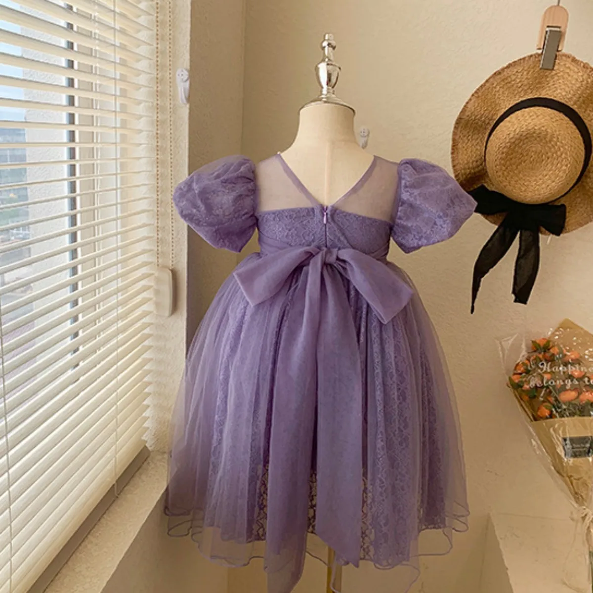 Girls Dress 2024 Summer New Childrens Princess Dress Bow Dress Purple Gentle Kids Clothes Girls Princess Clothing for Girls