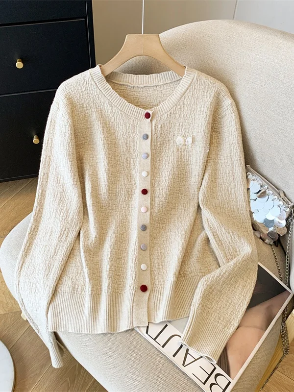 

Повседневный свободный женский вязаный кардиган, круглый, нео-цветная верхняя одежда на пуговицах, ранняя осень, модная универсальная смесь хлопка