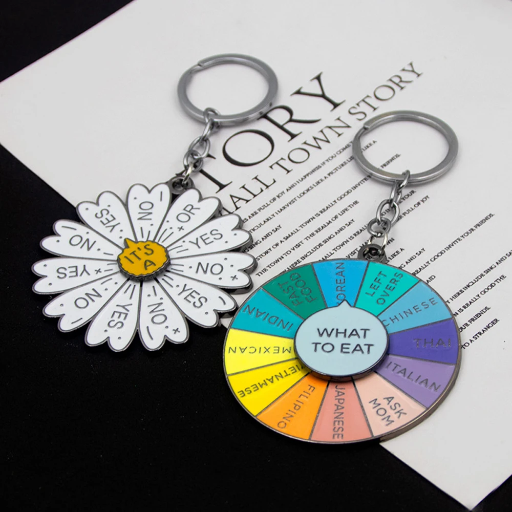 Funny What To Eat Spinning Wheel Keychain Daisy Decision Rotatable Sunflower Enamel Spinning Sliding Moving Keyrings Jewelry