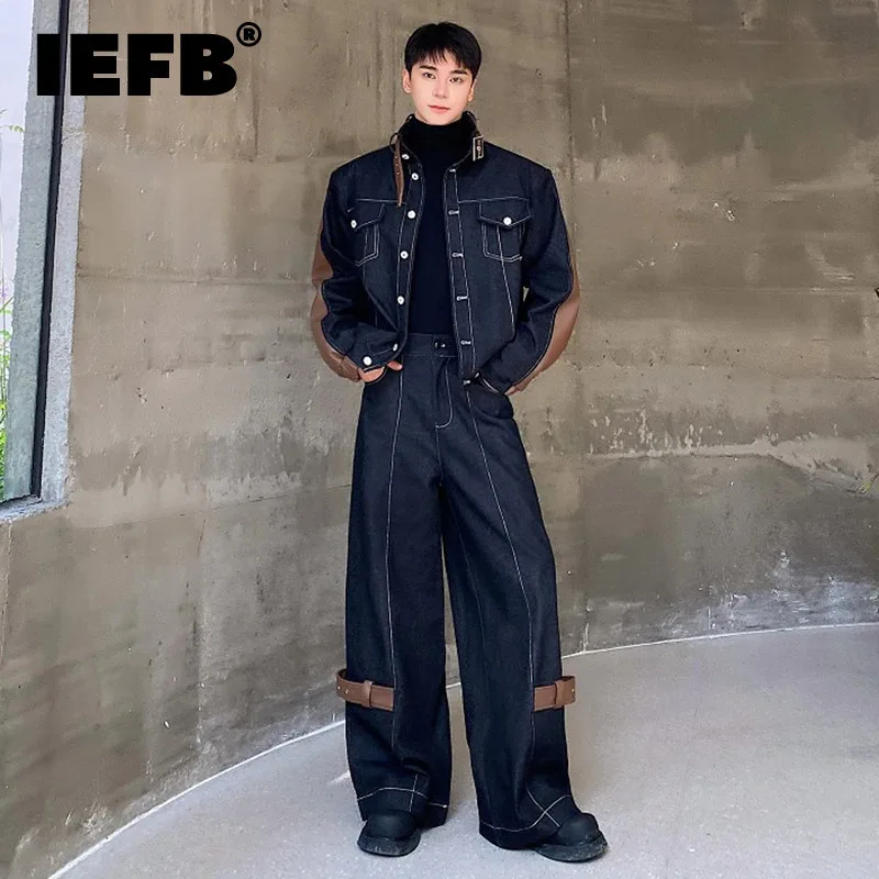 IEFB Thickened Denim Set Men's Wear New Trendy PU Patchwork Two-piece Sets Autumn Winter Stand Neck Jacket Wide Leg Jeans 9C3561