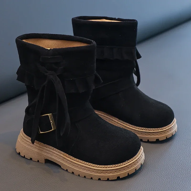 Toddler Girls Winter Warm Mid Calf Boots Plush Lined Suede Ruffle Bow Non-slip Thick Sole Kids Camel Casual Fashion Boots