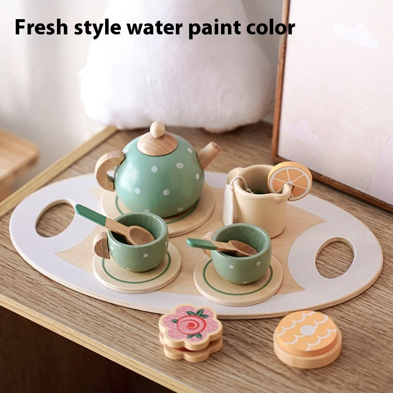 

Children's house tea set set, afternoon tea dessert simulation teapot tableware set, wooden kitchen cutting toy