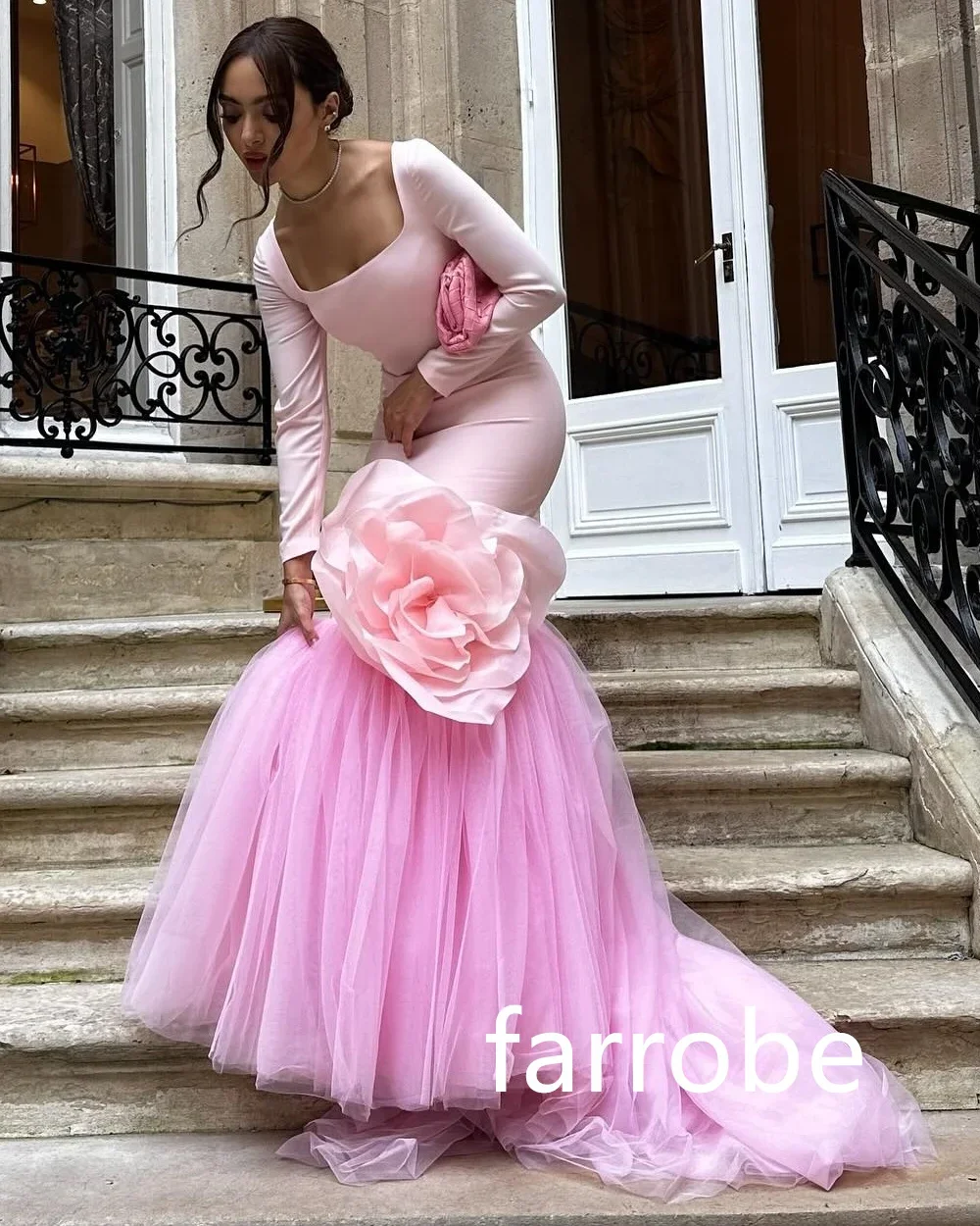 Customized Exquisite Jersey Pleat Flower Mermaid Square Neck Long Dresses Bespoke Occasion Dresses Modern Style Pastrol Chinese 