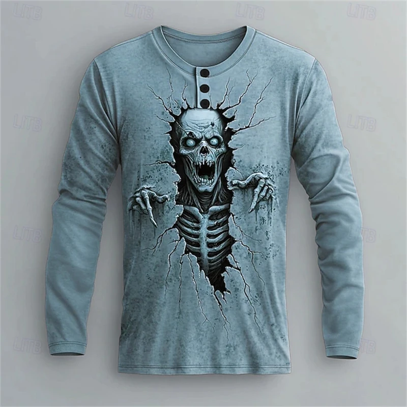 New Men's Gray 3D “Breaking Through The Wall” Skull Print Henley T-Shirt—Halloween Horror-Themed Long-Sleeve Casual Top