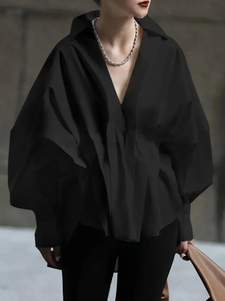 

Missuoo, однотонная простая рубашка для женщин, осень 2022, новый корейский стиль, v-образный вырез, пышные рукава, свободная блузка, рубашка одного размера, топы