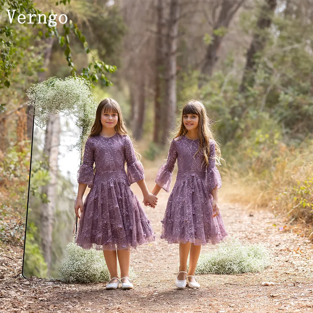 

Verngo Purple White Sequined Princess Girl Flowers Dress O Neck Half Sleeves Birthday Party Dress Celebrity Kid Gown Customized