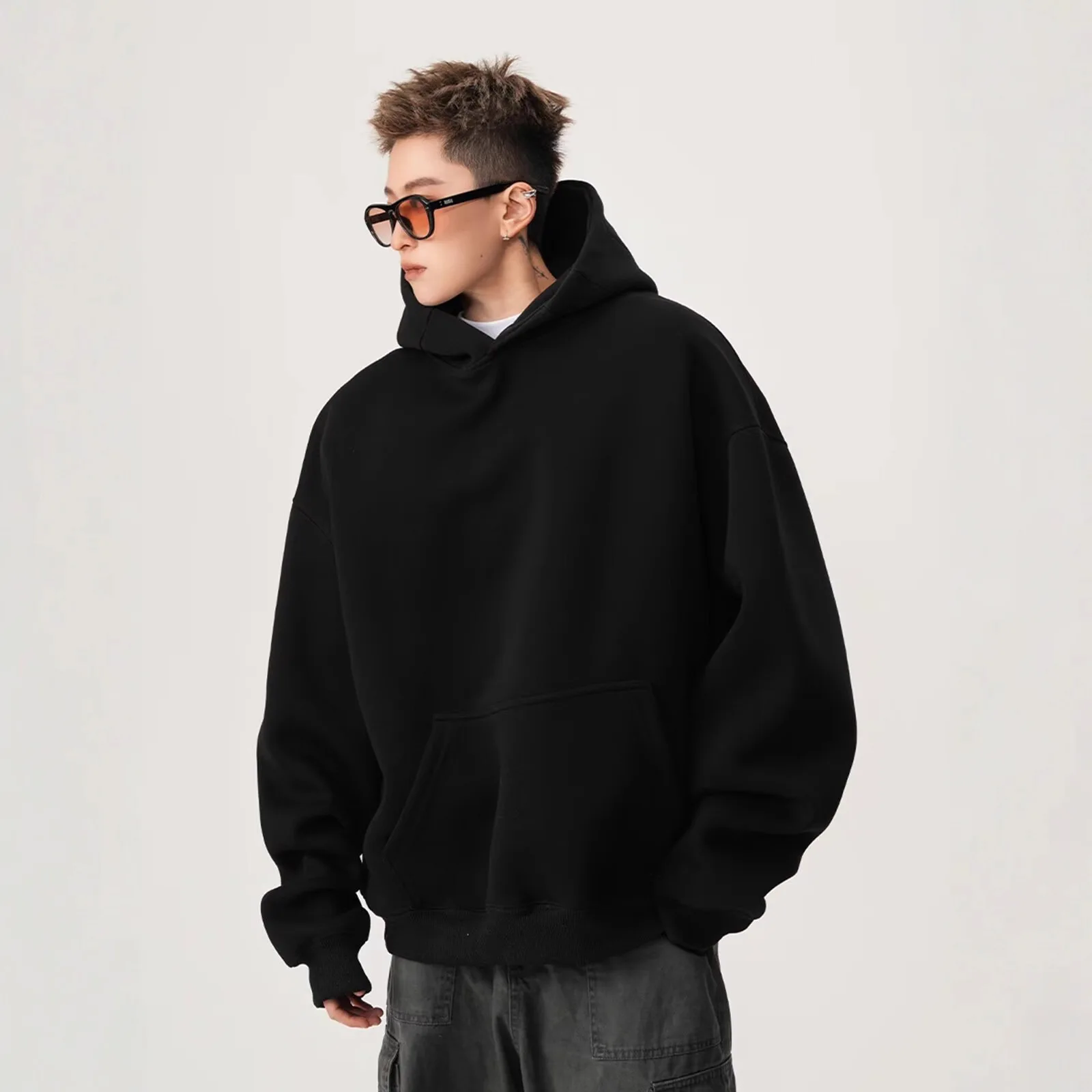 

Short Hoodie Sweatshirt For Men, Autumn And Winter Trendy Brand, Stiff Basic American Style Top, Gray Floral