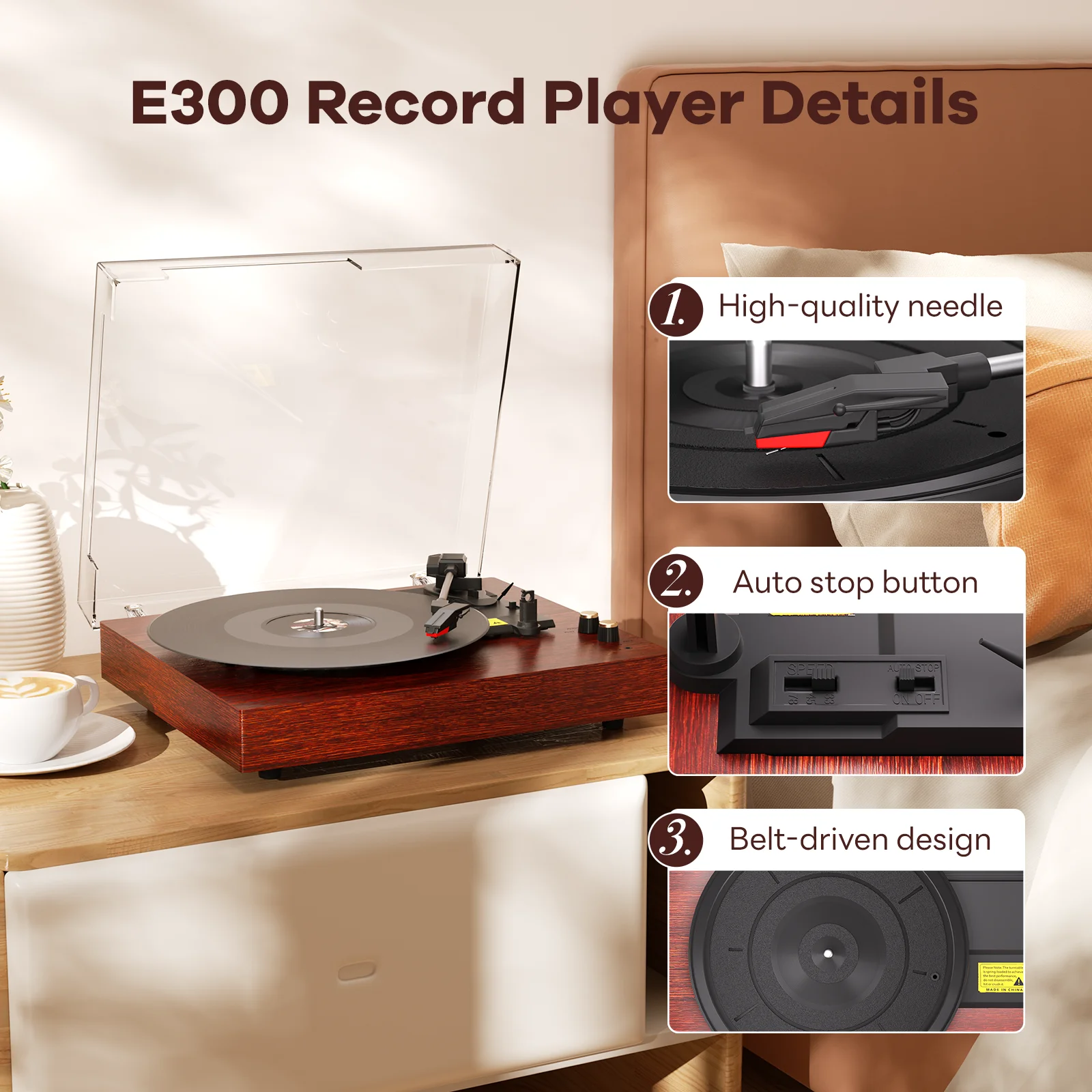 MAIO E300 Record Player, 3-Speed 33/45/78RPM Vinyl Spinner with 2 Built-in Stereo Speakers, Headphone Jack