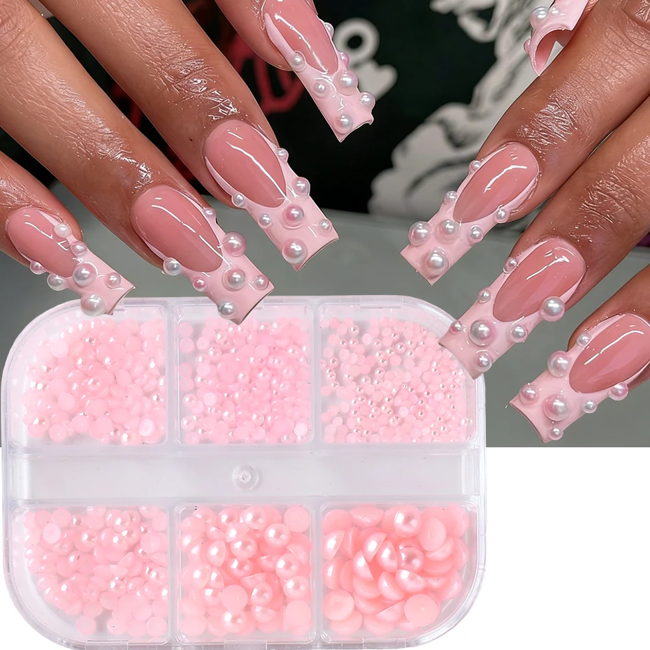 

6 Grids Pink Nail Pearls Beads Cute Decorations Nail Art Rhinestones Gems Flat Semicircle Pearl Nail Jewelry Parts Accessories