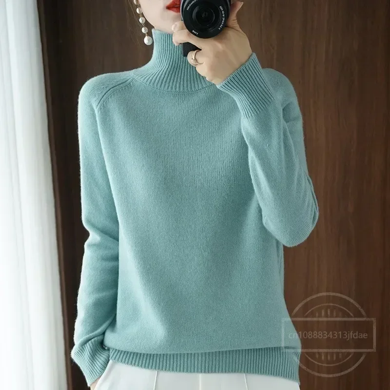 Stand Up Collar Pullover Sweater Women Loose and Thick Solid Color High Neck Knitted Base Sweater Wool Sweater Plus Size