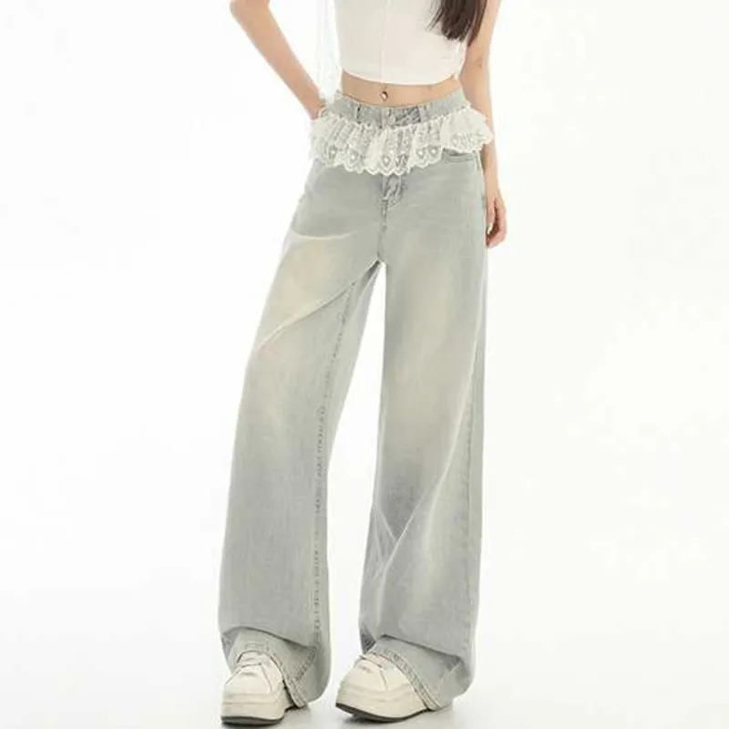 ANJY otoño nueva moda mujer elegante fresco encaje Trim Casual versátil pantalones vaqueros rectos moda Chic marea Simple pantalones vaqueros A13088