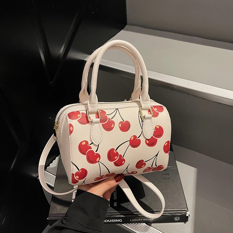 

Trendy Pillow Crossbody Bag Medium Cute Cherry Strawberry Pattern Boston Handbag with Polyester Lining And Zipper Closure