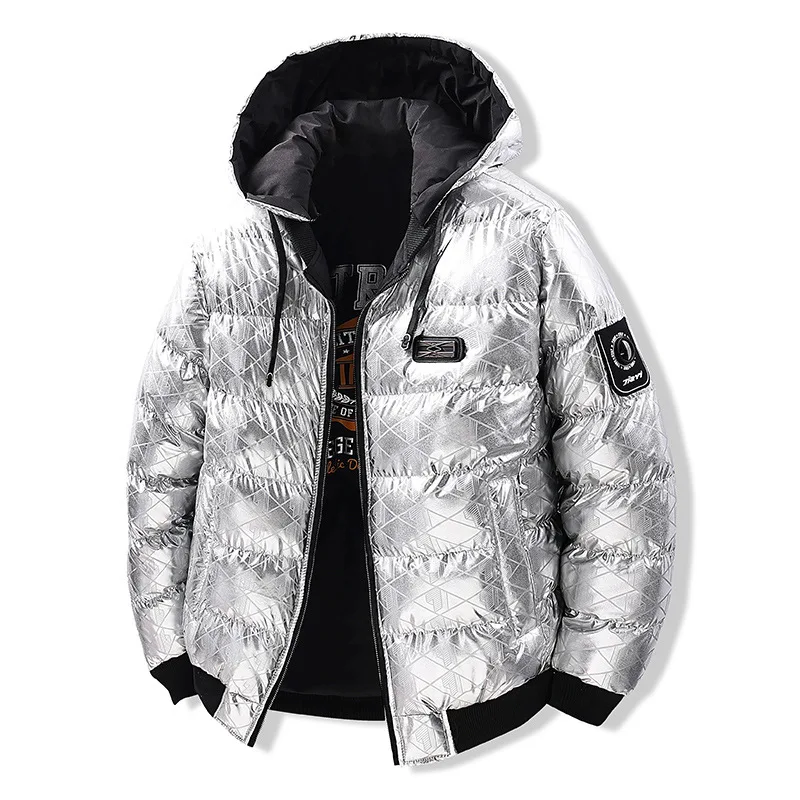 

Men's Fashion Winter Warm Parkas Cotton Padded Thick Thermal Overcoat With Removable Hood Shinny Metarial Reversible Jacket