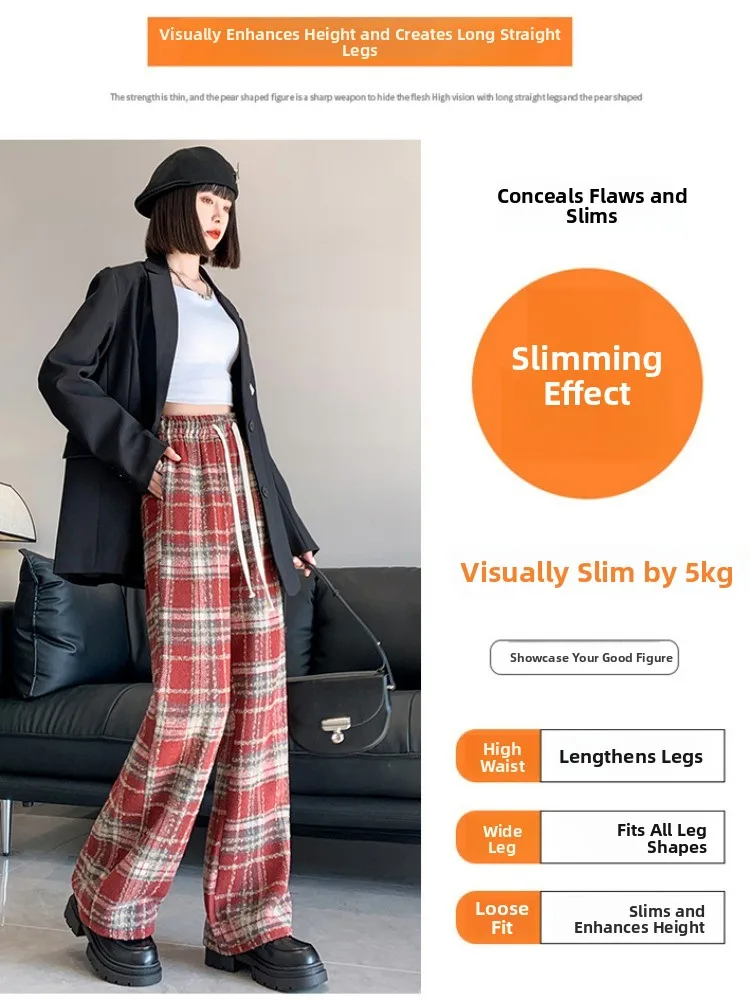 Warme, mit Fce gefütterte, karierte Hose mit weitem Bein, hohe Taille, gerader Schnitt, bodenlange Hose, koreanische Sle Commute Faion Damenhose