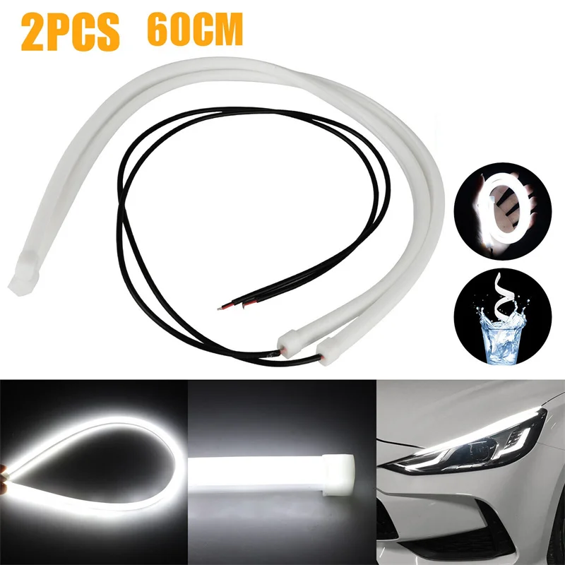 2 uds DRL 60CM tira de luces LED luces de circulación diurna bombillas de señal de giro 12V estilo Flexible faros antiniebla blanco