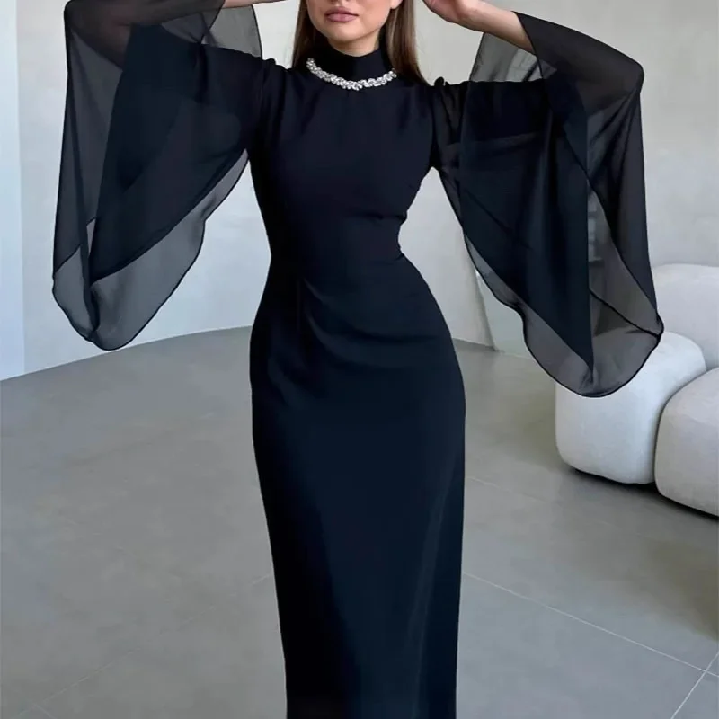 

Elegant Half High Collar Evening Party Dress Casual Bat Sleeve Solid Color Long Dress Women Fashion Mesh Patchwork Pearl Dress