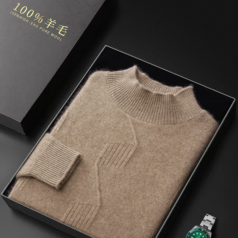 Autumn And Winter Cashmere Sweater Men's Semi-High Neck Jacquard Thick Sweater Solid Color 100% Wool Knitted Bottoming Shirt