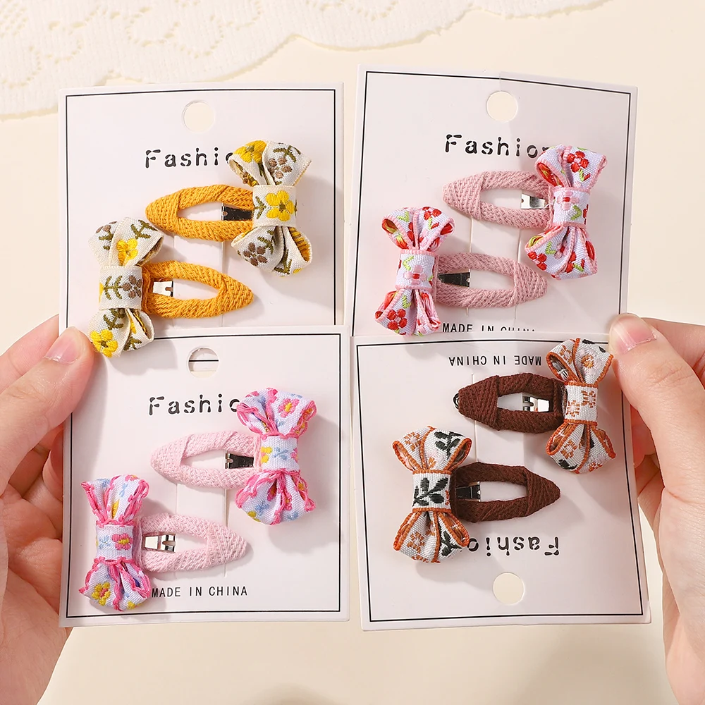 

2pcs/set Colorful Bowbot Hair Clip for Women Girl Embroidered Printed Hairpin Floral Fabric Side Duckbill Clip Hair Accessories