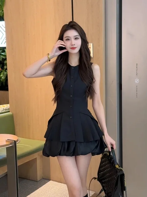 

Sweet Small Size Women's Summer Fashion Set Sleeveless Vest Dress Flower Bud Half Skirt Two-Piece Suit round Neck Polyester