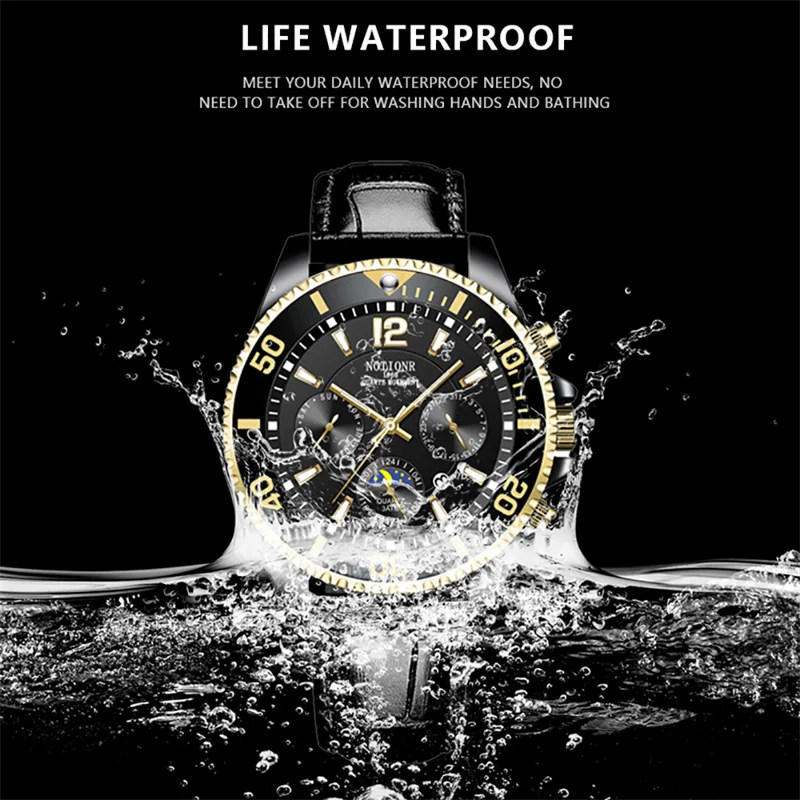 NOTIONR Luxury Mens Fashion Black Watches for Waterproof Leather Quartz Watch Man Business Casual Luminous Clock