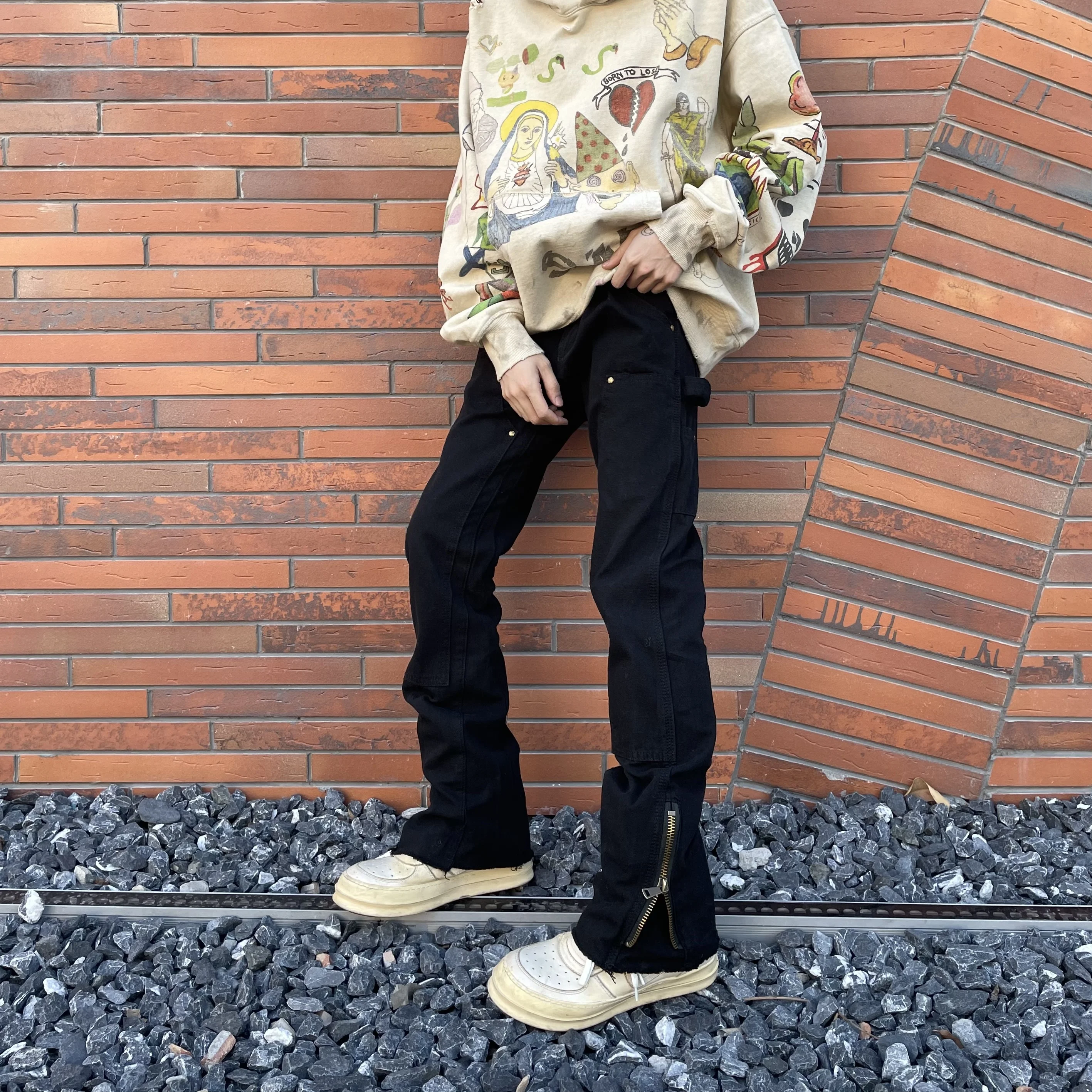 

High Street American Zipper Logging Workwear Jeans Men's Flared Straight Leg Slimming Casual Trousers Youth Trendy Long Pants