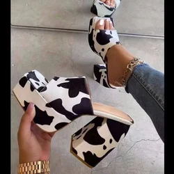 Printing Thick High Heel Sandals Womens Slipper Summer Sexy Peep Toe Street Party Square Toe Platform Shoes