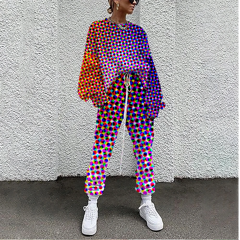 Women Tracksuit Pop Art Print 2 Piece Outfit Sweatshirt+Straight Sweatpants Matching Set Fitness Sporty Streetwear