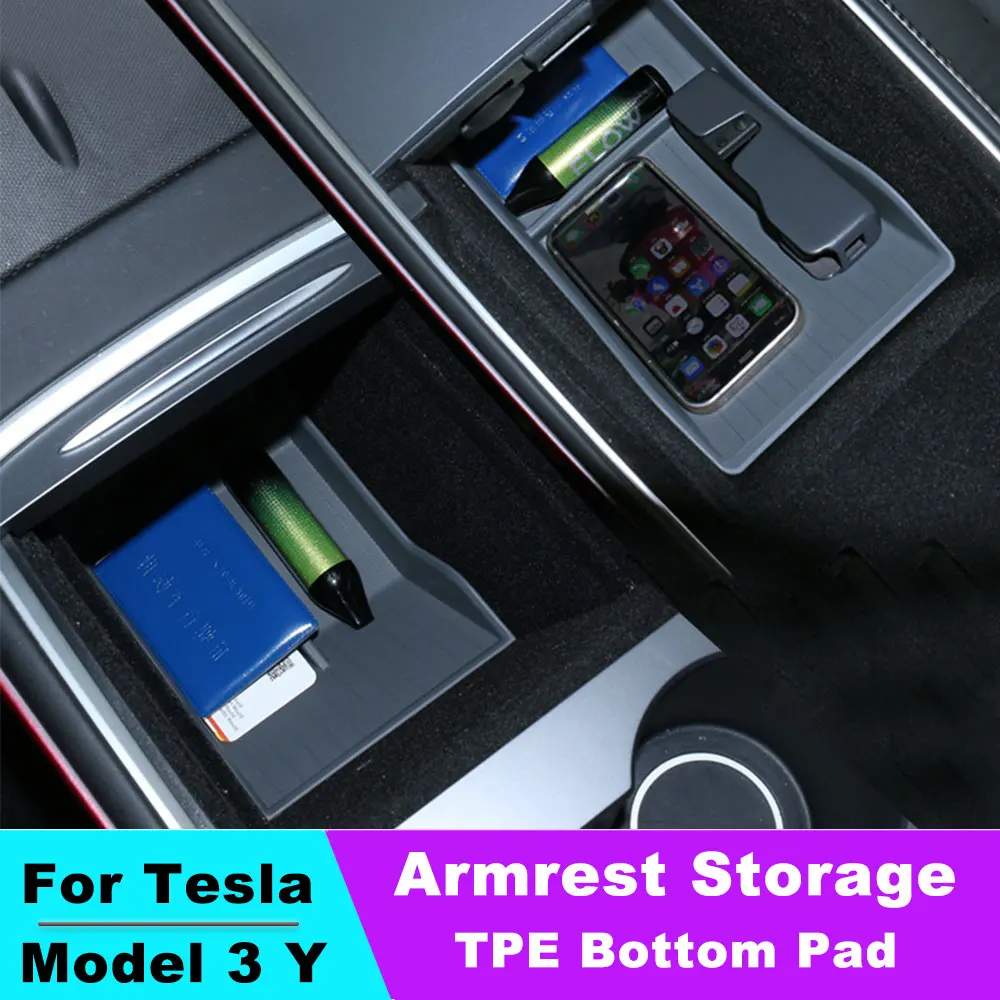 

Center Console Box Armrest Storage For Tesla Model 3 Model Y TPE Protective Mat Bottom Pad Interior Storage Mat