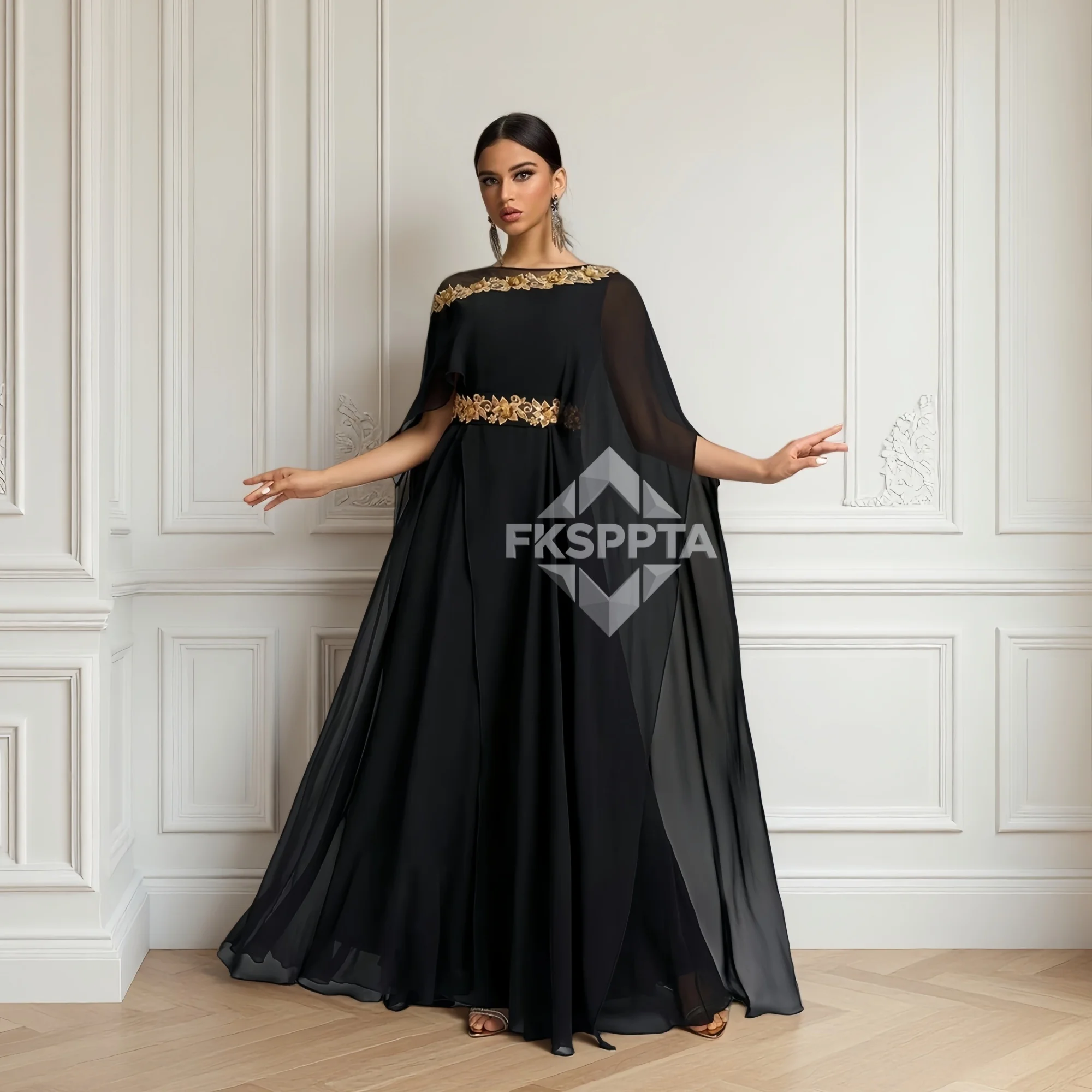 

Black Formal Evening Dress 2026 Gold Appliques A Line Chiffon Muslim Women Wedding Party Formal Occasion Gowns Custom Made